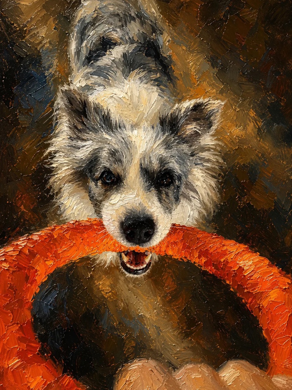 Ami with a toy ring in textured oil paint strokes
