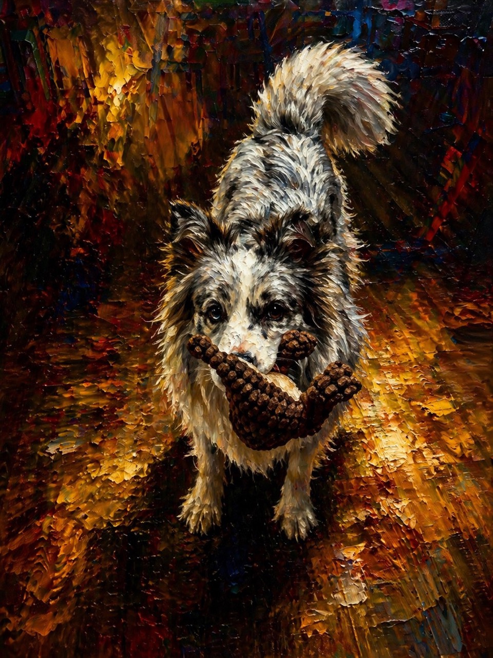 Ami carrying a pinecone toy in dramatic oil-paint style